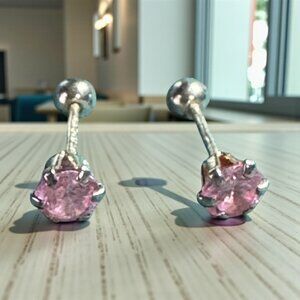 Sterling Silver Pink Crystal Stud Earrings With Secure Screw-Back Design